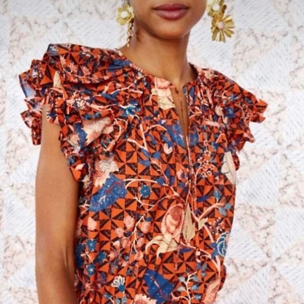 Ulla Johnson Liv Hibiscus Floral Ruffle shoulder Top